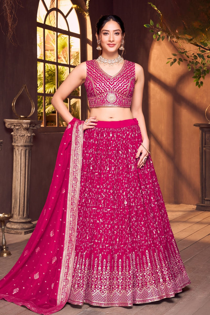 Rani Pink Sequins, Beads, Zari and Stone work Crop Top Lehenga