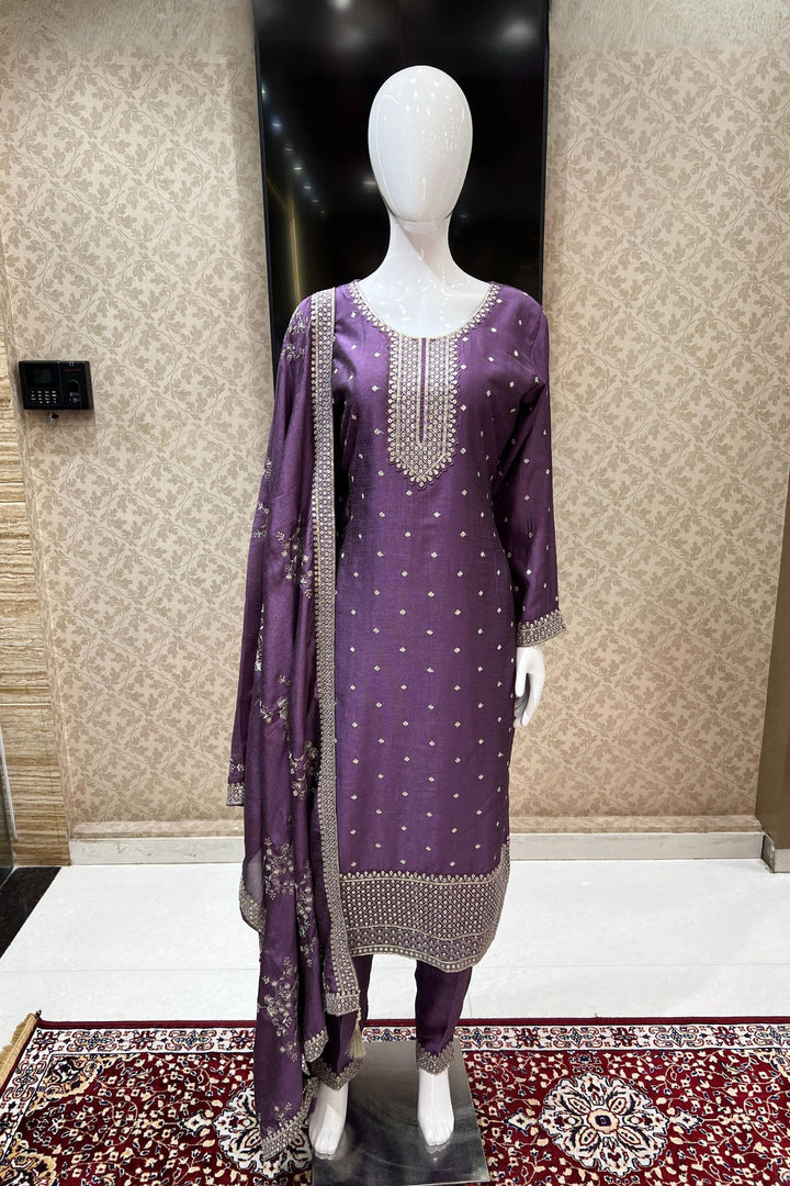 Purple Zari, Thread and Sequins work Straight Cut Salwar Suit