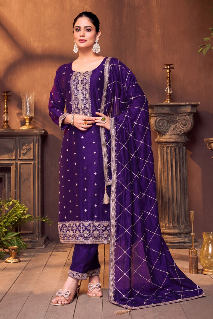 Purple Sequins, Zari and Beads work Straight Cut Salwar Suit