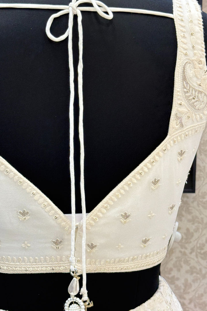 Cream Stone, Pearls, Zari, Sequins, Mirror, Beads and Embroidery work Crop Top Lehenga