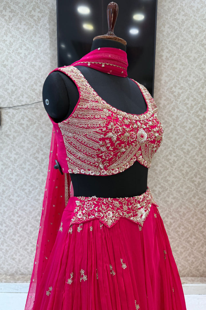 Rani Pink Sequins, Beads, Mirror, Zardozi and Zari work Crop Top Lehenga