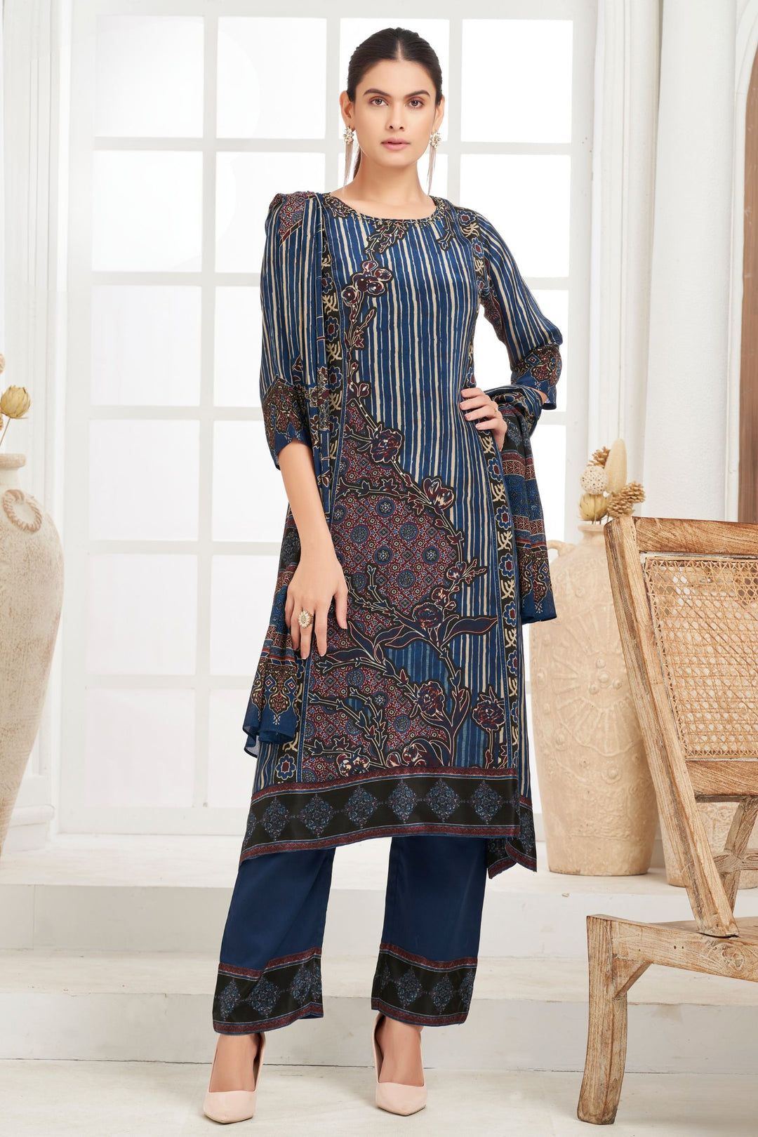 Blue with Ajrakh Print Straight Cut Salwar Suit