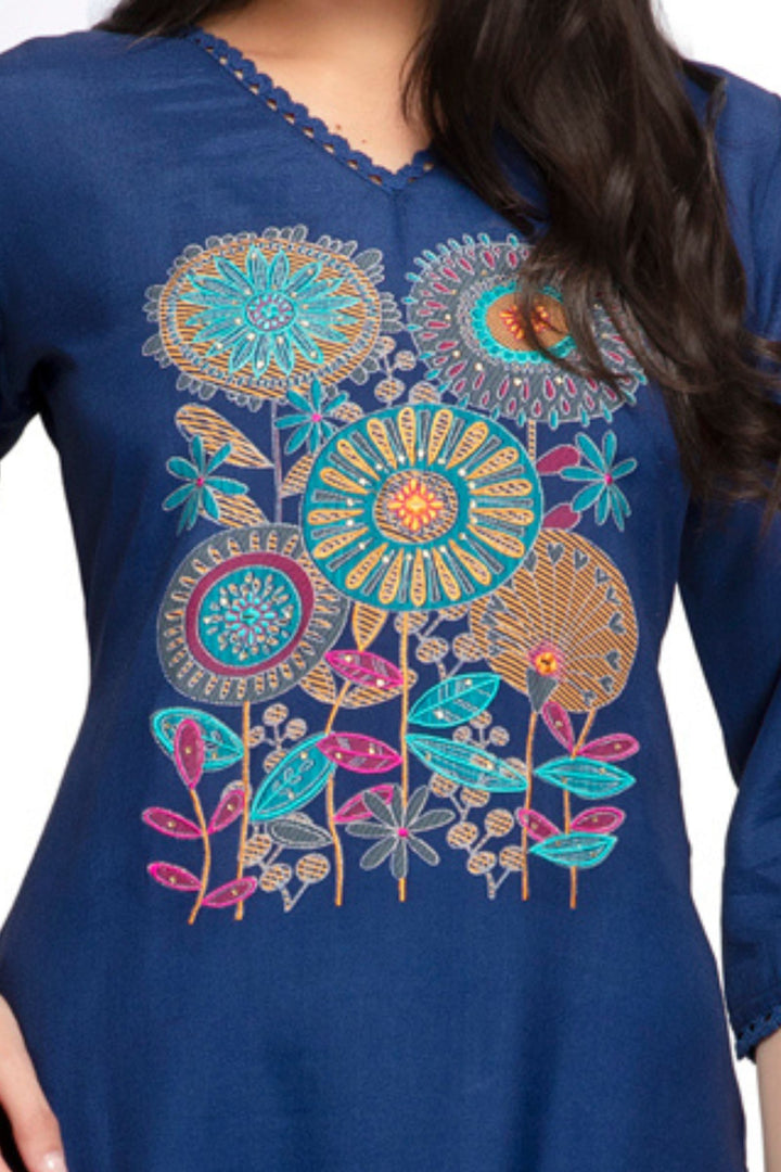 Royal Blue Embroidery and Stone work Calf Length Kurti
