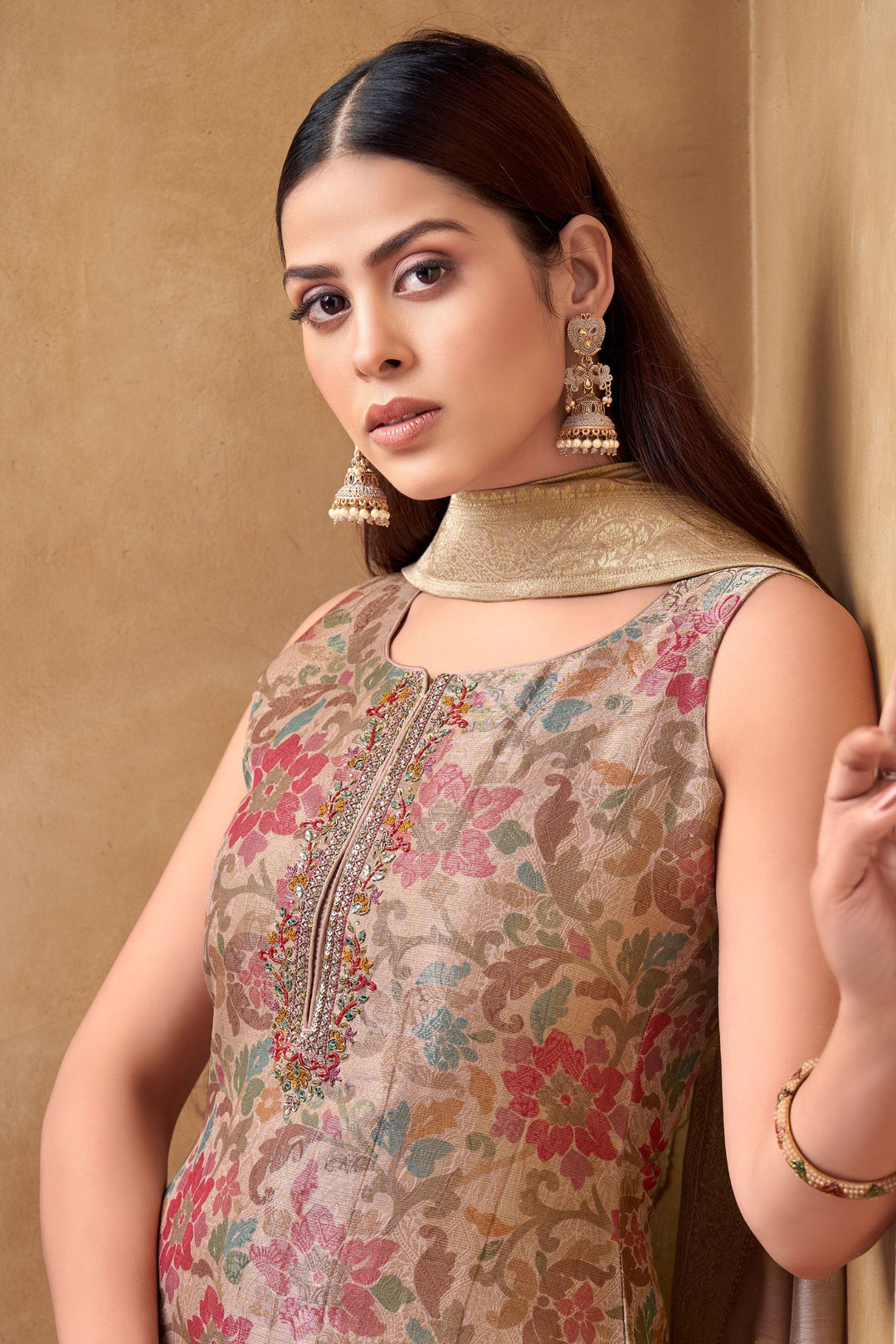 Onion Pink Brocade, Mirror, Zadorzi, Sequins and Stone work Straight Cut Salwar Suit
