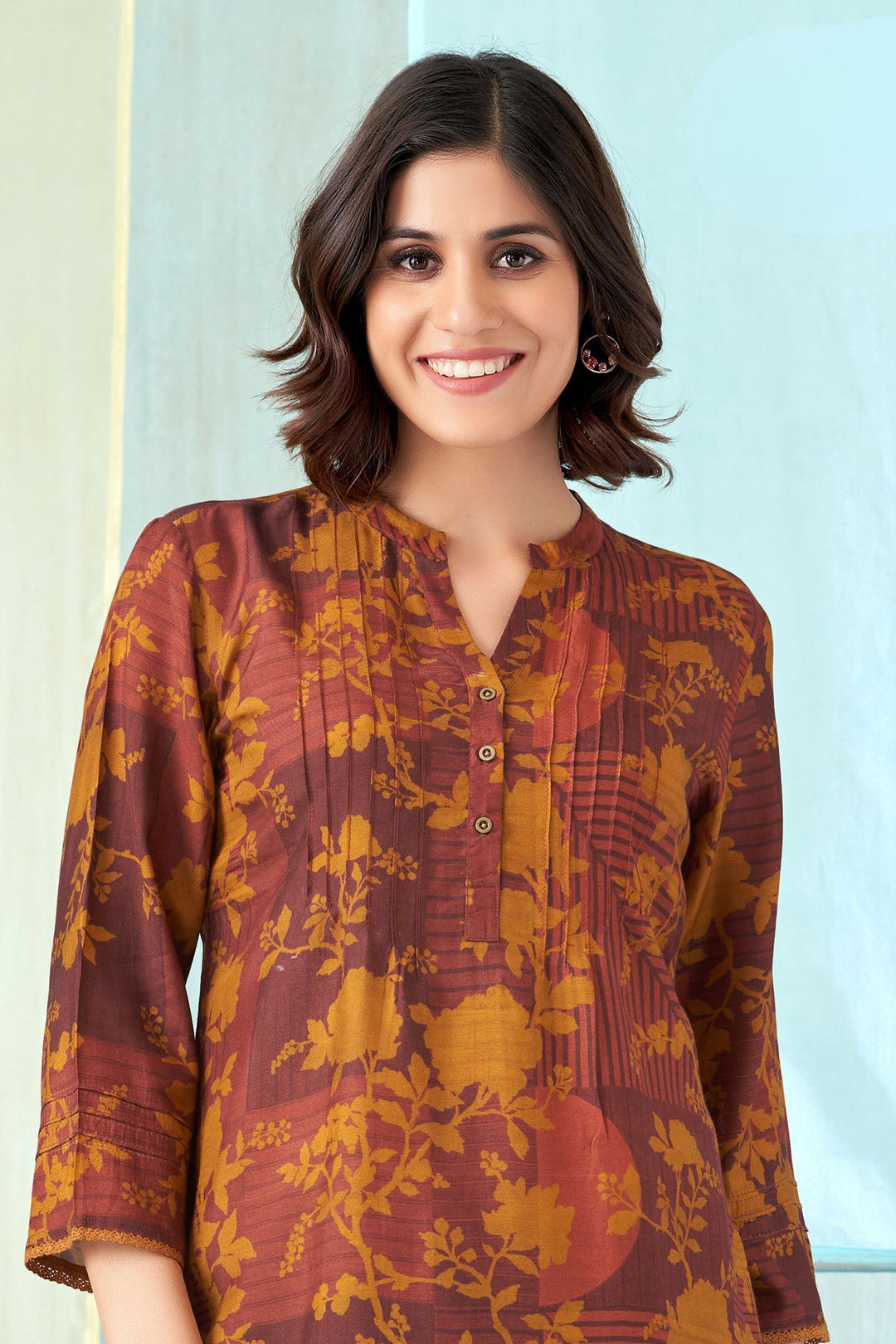 Brown Multicolor Digital Print Short Kurti