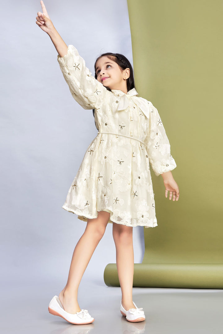 Cream Thread and Sequins work Short Frock For Girls