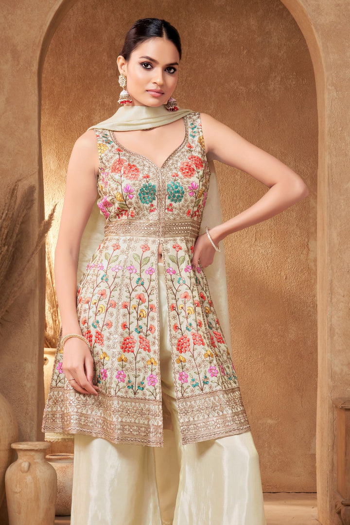 Cream Sequins and Multicolor Embroidery work Palazzo Salwar Suit