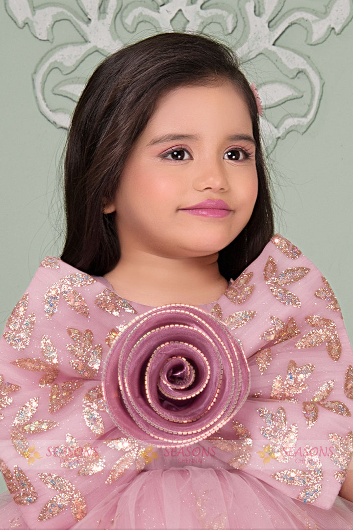 Baby Pink Sequins, Beads and Glitter work Short Partywear Frock for Girls