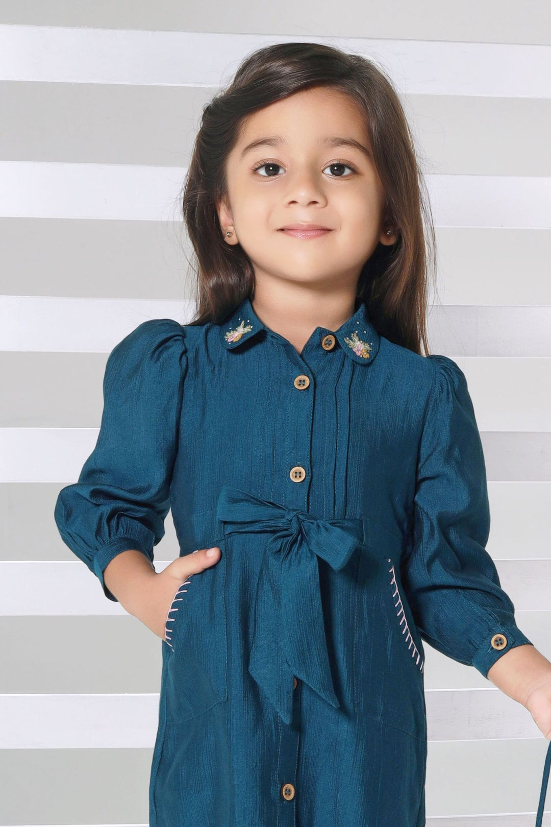 Teal Blue Short Frock For Girls with Bag