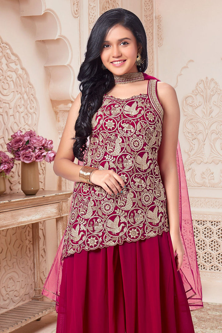Rani Pink Embroidery, Zari and Sequins work Palazzo Suit Set for Girls
