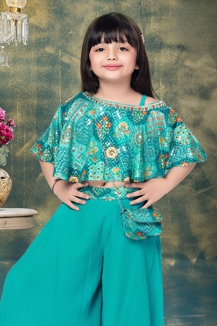 Firozi Sequins, Stone, Mirror and Thread Weaving work Kaftan Styled Palazzo Set for Girls