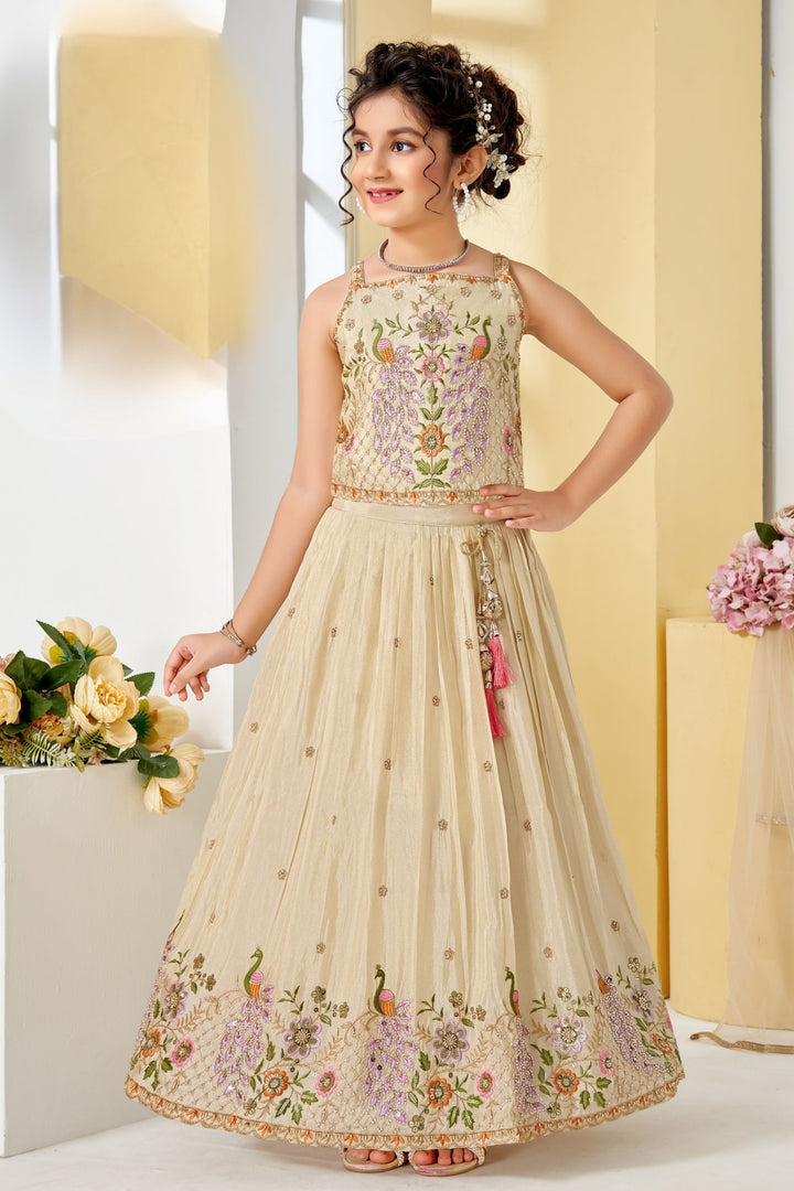 Cream Zari, Beads, Sequins and Embroidery work Lehenga Choli for Girls