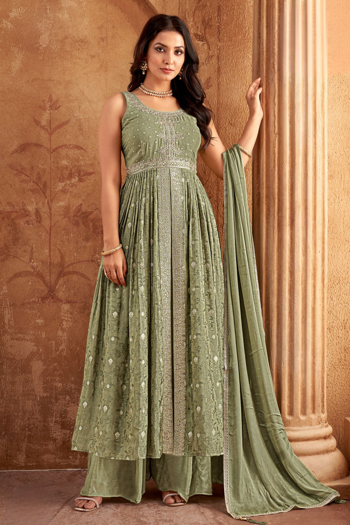 Pista Green Banaras, Zardozi, Mirror and Sequins work Salwar Suit with Palazzo Pants