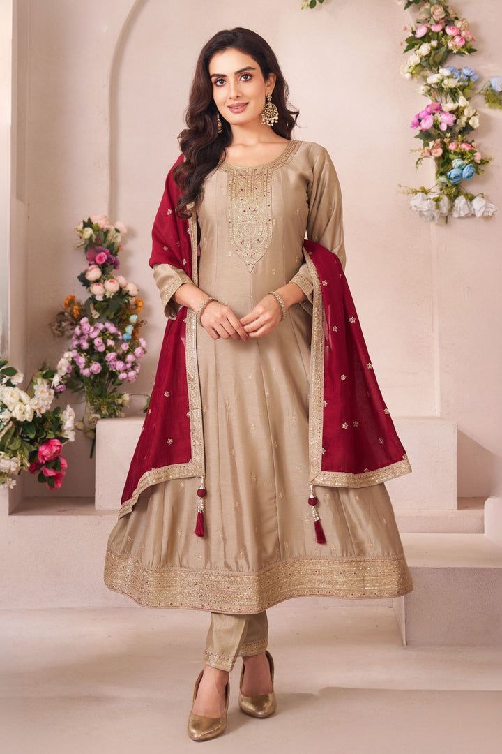 Beige Sequins and Zari work Anarkali Style Salwar