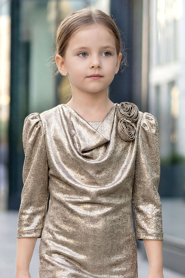 Metallic Gold Partywear Short Frock for Girls with Belt