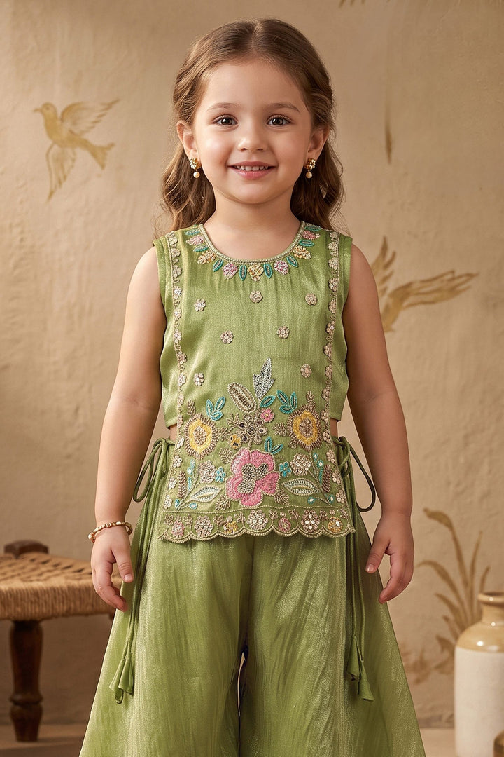Pista Green Embroidery, Sequins and Beads work Palazzo Set for Girls