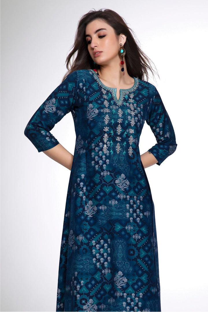 Indigo Blue Digital Print, Thread and Mirror work Anarkali Styled Kurti