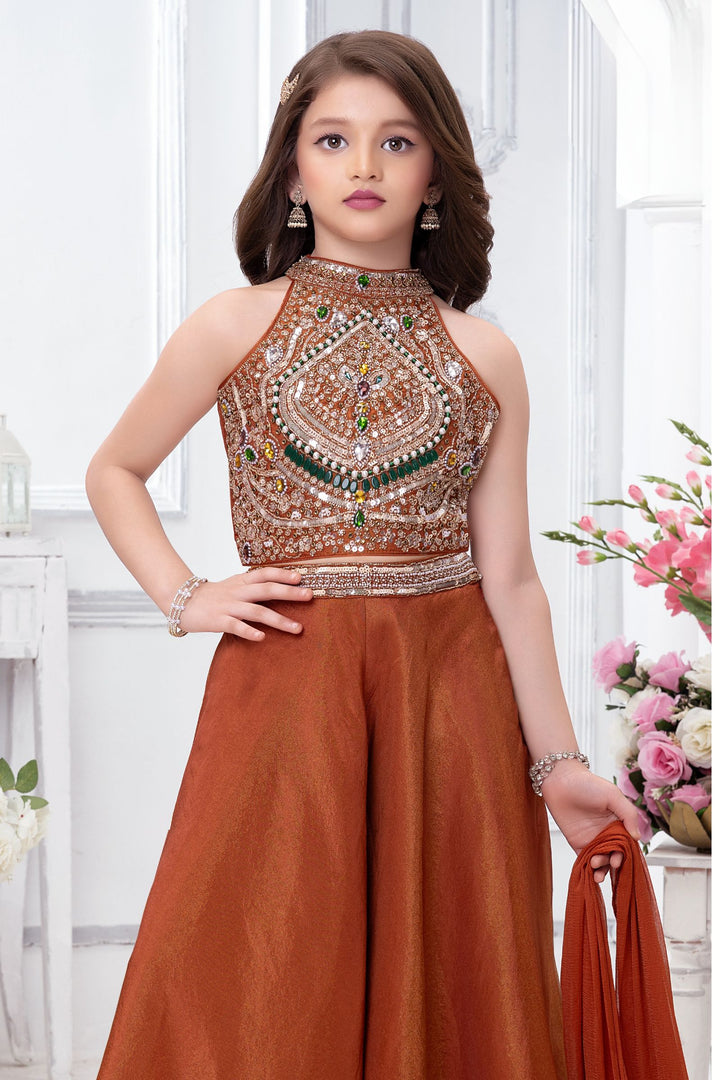 Rust Stone, Sequins, Beads, Kundan and Pearl work Palazzo Suit Set for Girls
