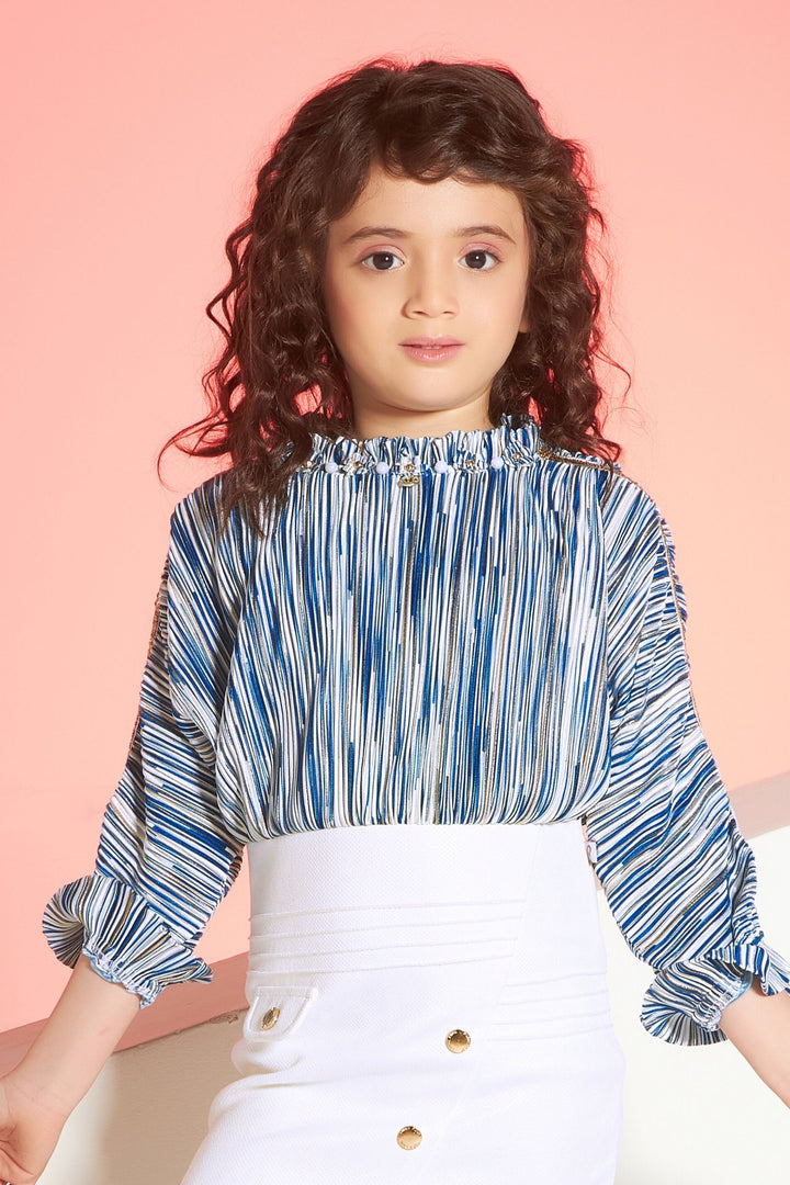 Cream with Blue Western Short Frock For Girls