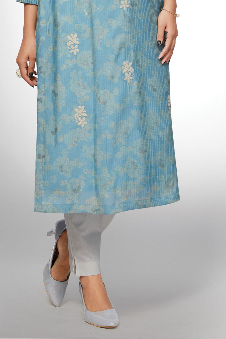 Sky Blue Embroidery Calf Length Kurti