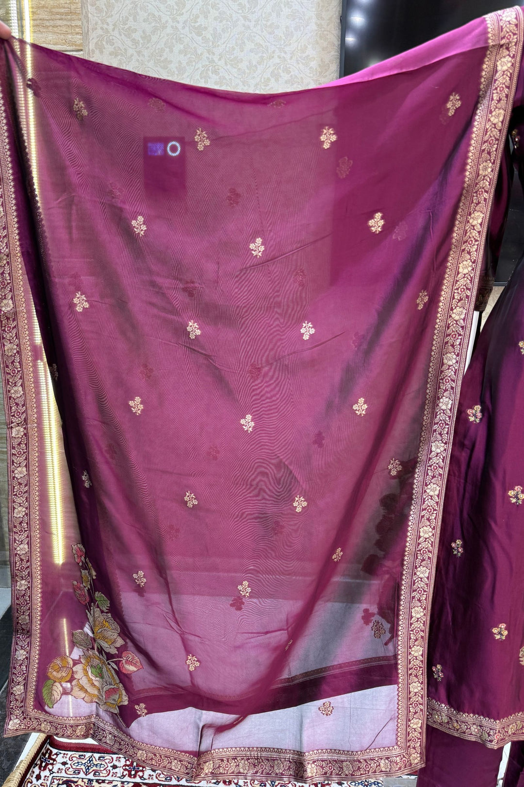 Wine Beads, Sequins, Zari, Stone, Banaras and Jacquard work Straight Cut Salwar Suit