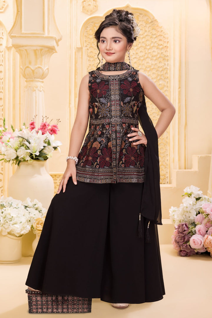 Black with Multicolor Embroidery and Sequins work Palazzo Suit Set for Girls