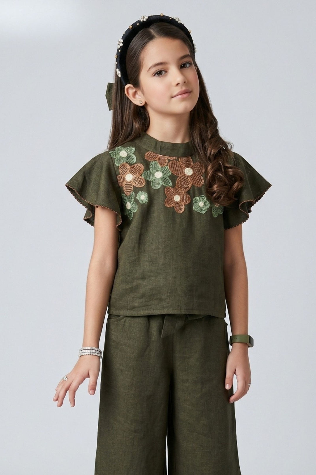 Dark Green Embroidery work Top and Palazzo Set for Girls