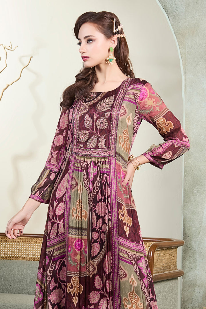 Multicolor Digital Print and Beads work Floor Length Anarkali Suit