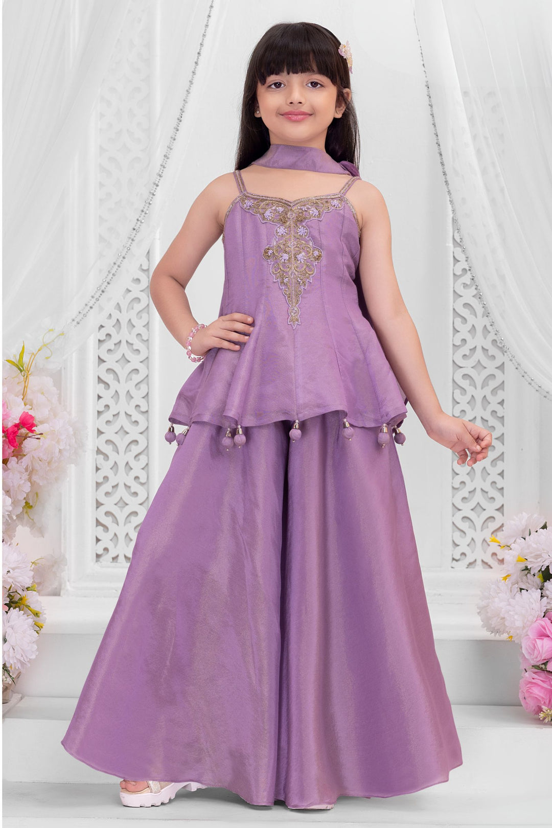 Girls Lavender Zardozi, Beads and Zari work Peplum Palazzo Set