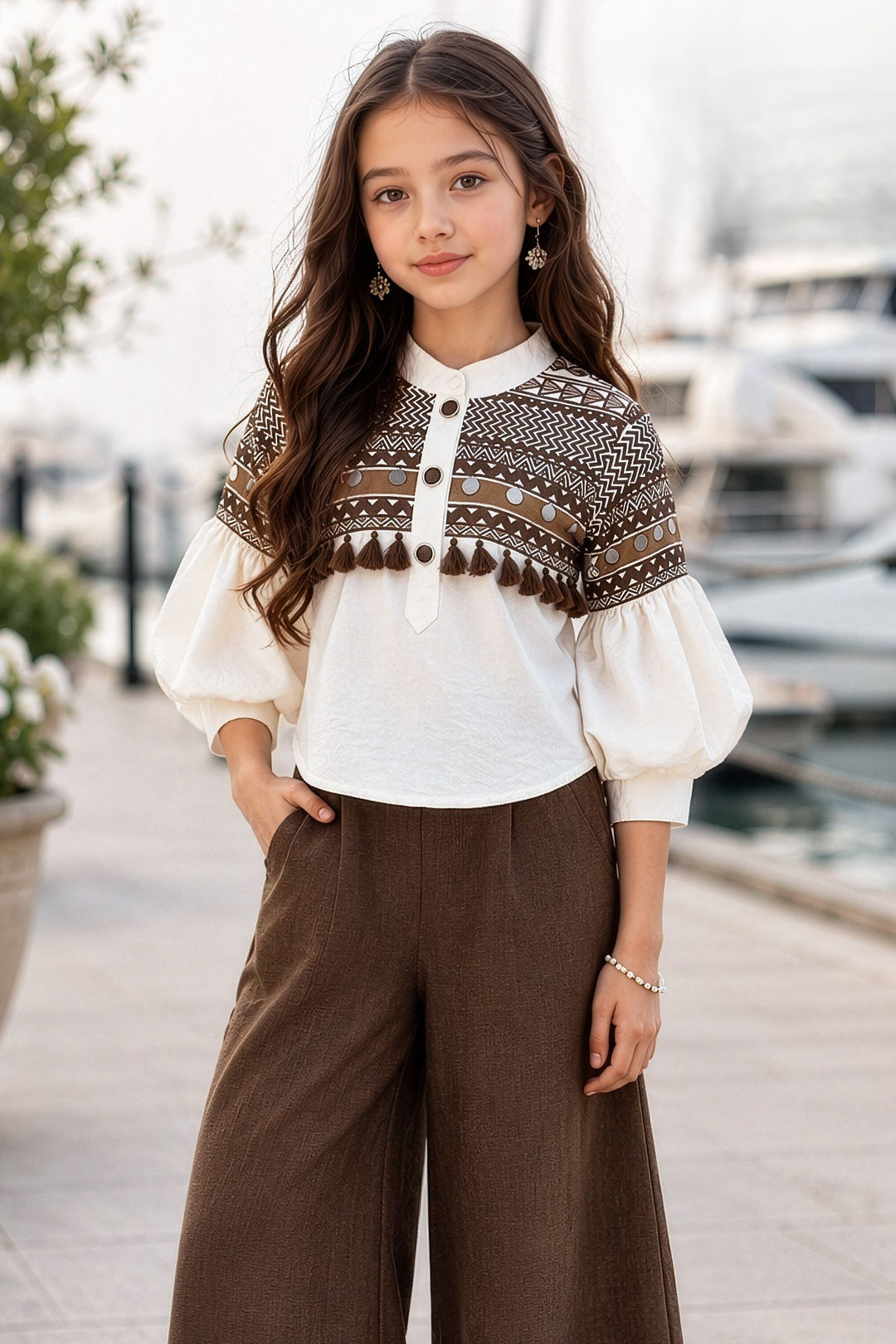 Half White with Brown Digital Print Top and Lace work Palazzo Set for Girls