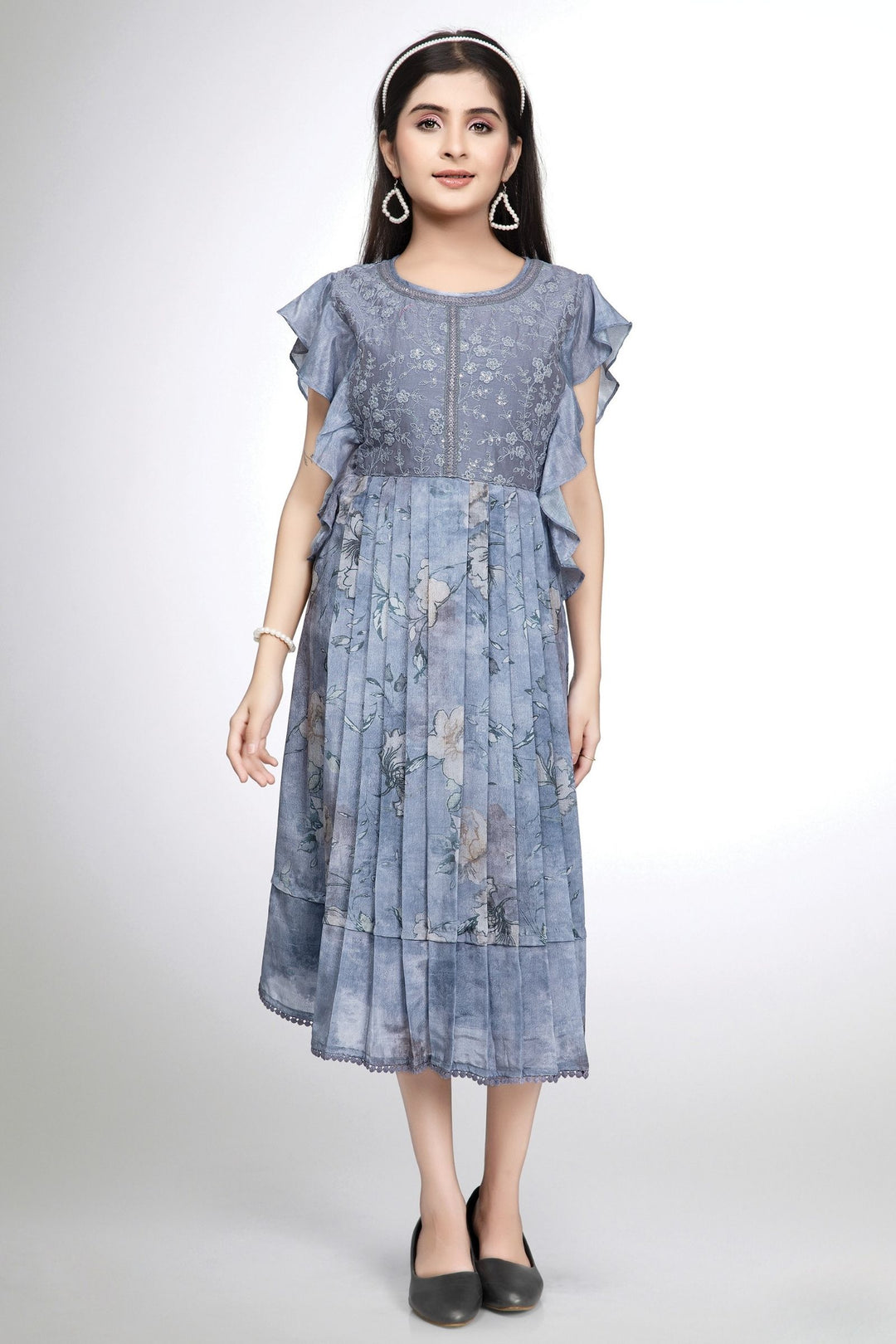 Girls Floral Print Casual Frock with Embroidered Yoke