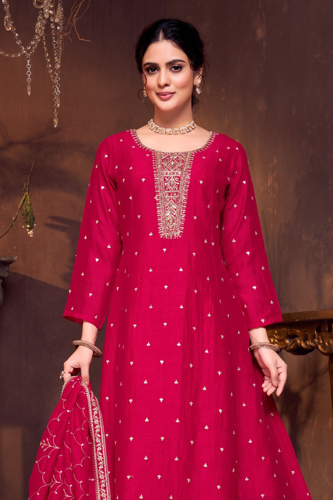 Red Stone, Zardozi, Zari and Sequins work A-line Cut Salwar Suit