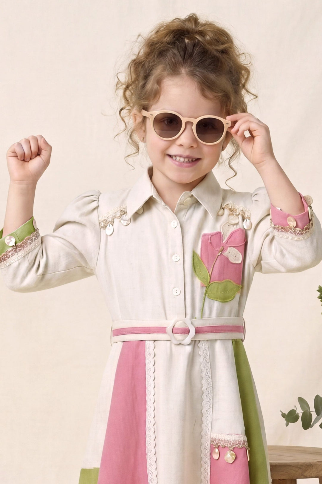 Cream with Green and Pink Colorblock Styled Short Frock For Girls
