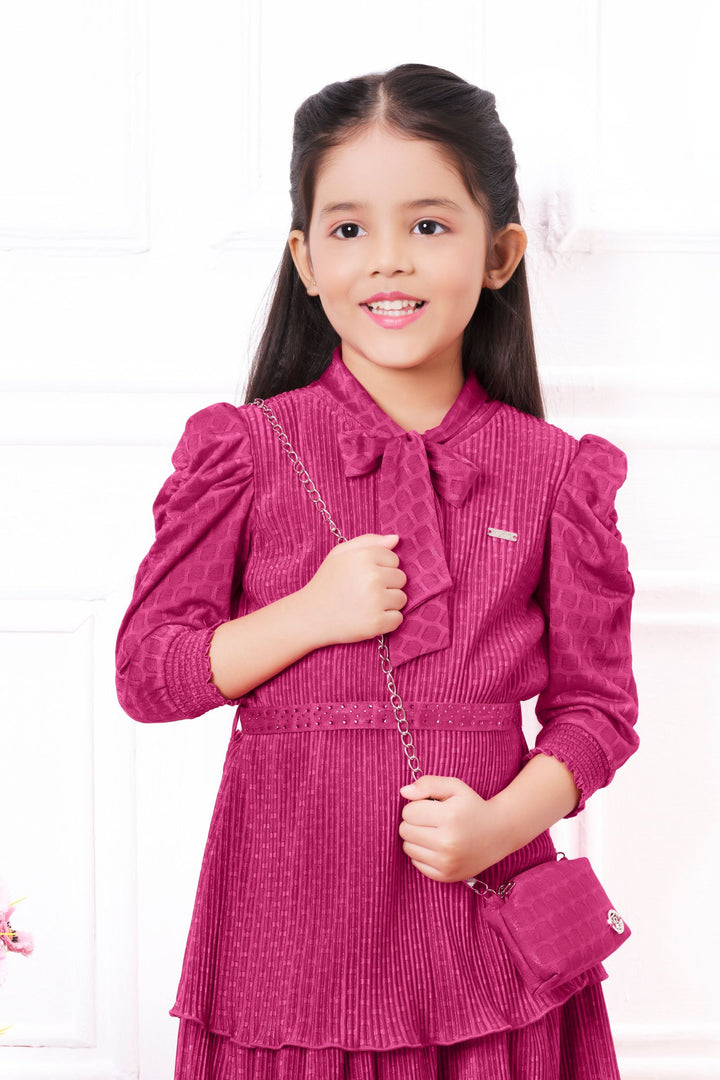 Fuchsia Pink Short Frock For Girls with Belt and Bag