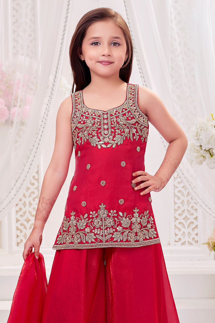 Rani Pink Beads and Zari work Palazzo Suit Set for Girls