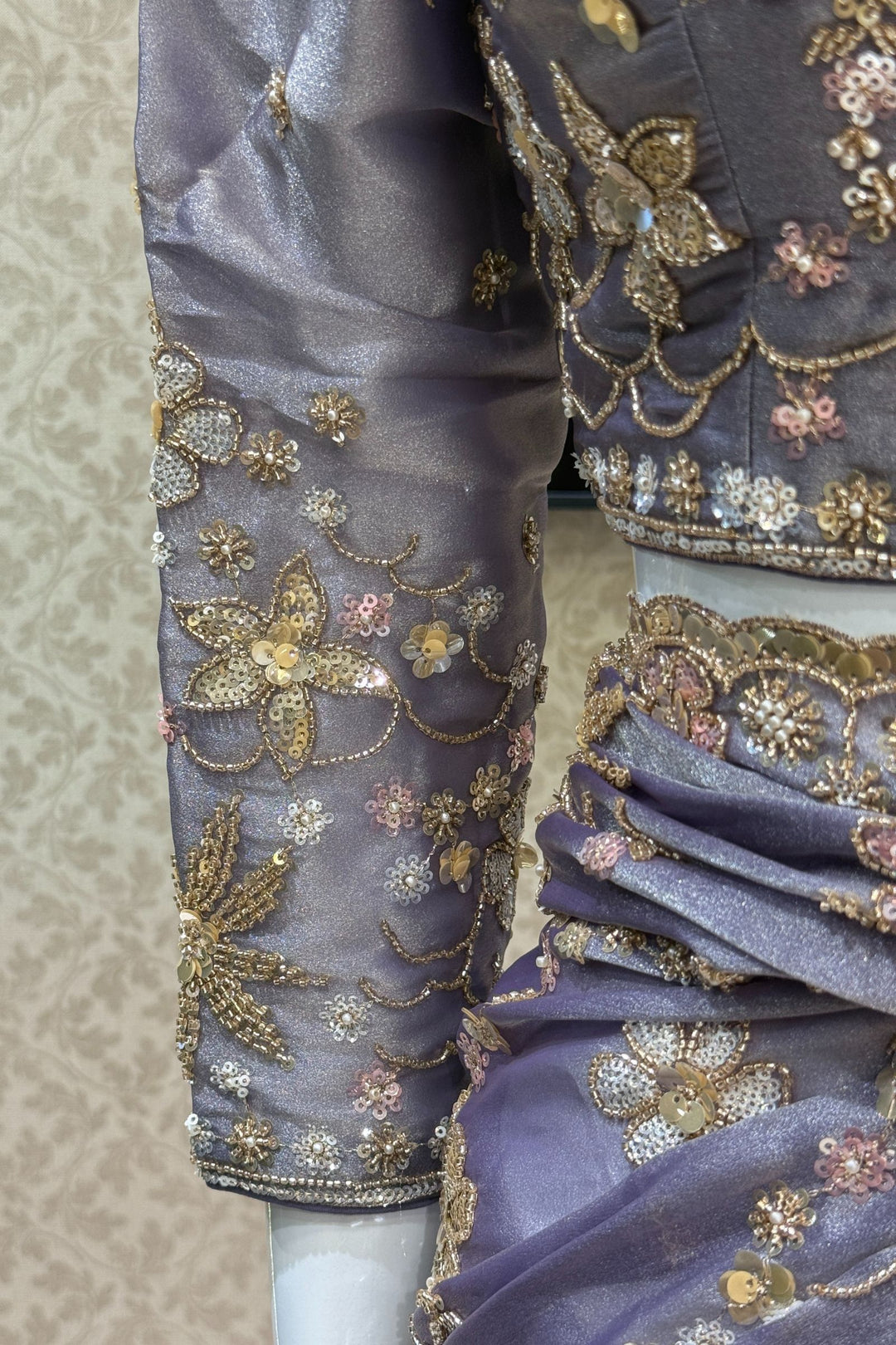 Light Purple Sequins, Beads, Zari and Pearls work Saree