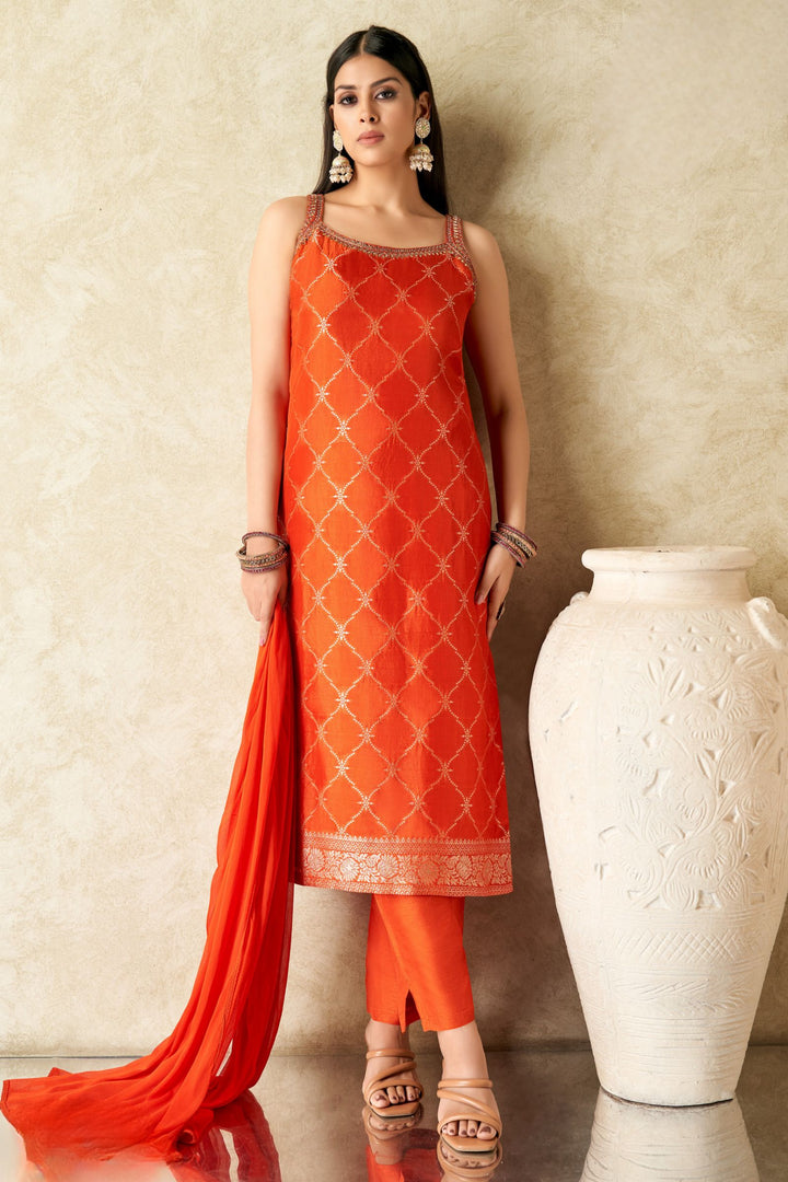 Orange Mirror, Zari, Zardozi and Banaras work Straight Cut Salwar Suit
