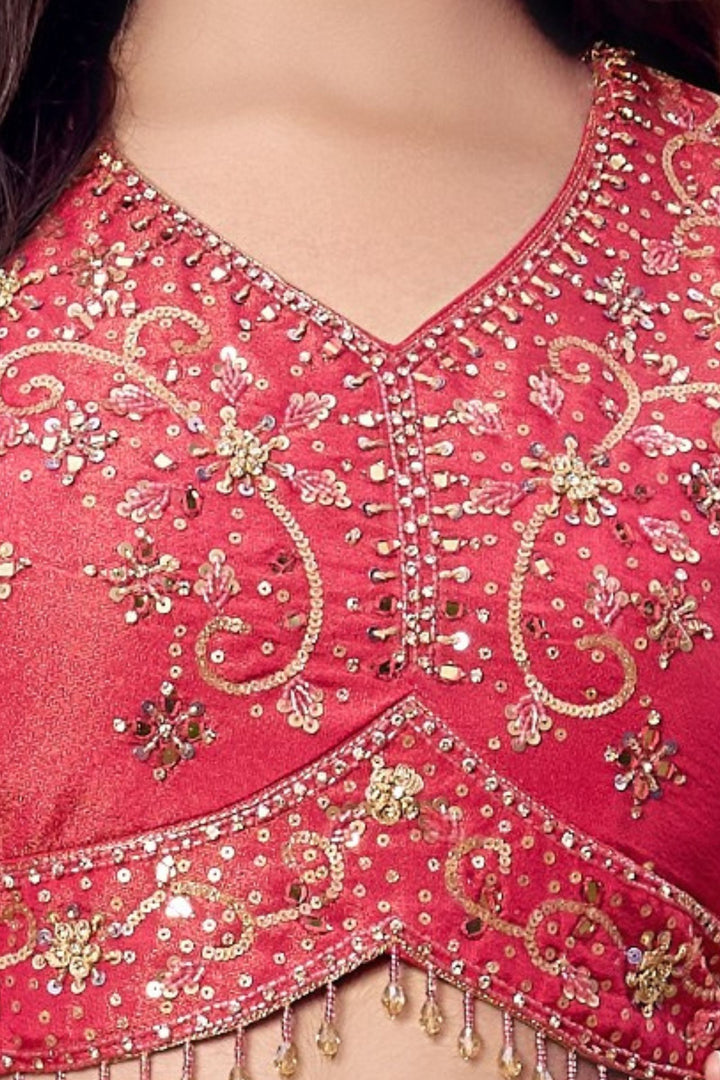 Tomato Red Stone, Mirror, Sequins, Beads and Banaras Zari work Lehenga Choli for Girls