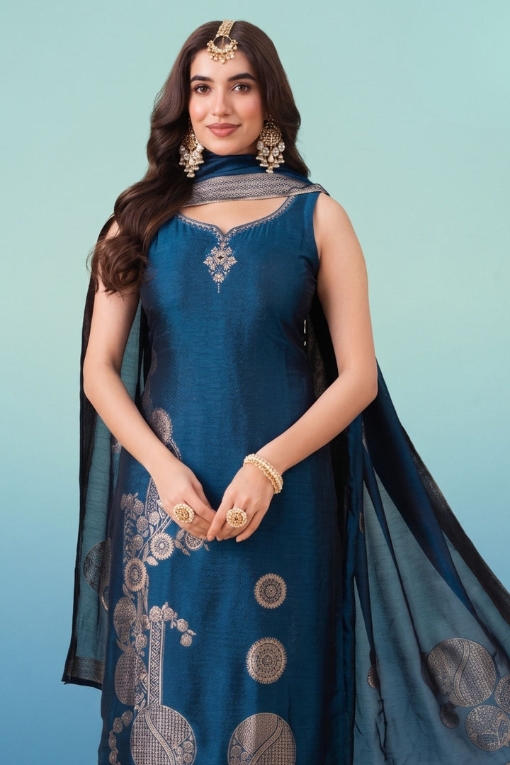 Peacock Blue Banaras, Zardozi, Zari, Sequins and Stone work Straight Cut Salwar Suit