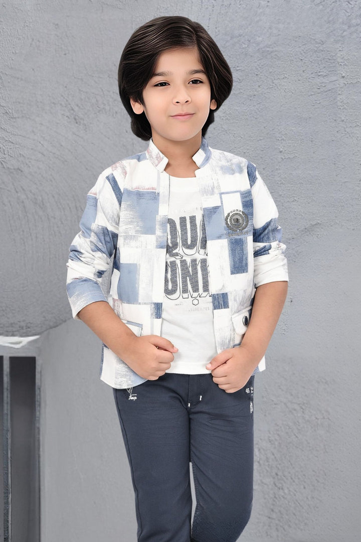 White with Printed Blazer, T-Shirt and Blue Pant Set for Boys with Belt