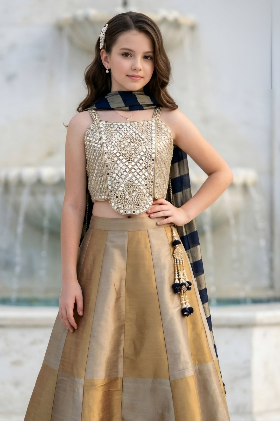 Beige with Gold Mirror and Zari work Lehenga Choli for Girls