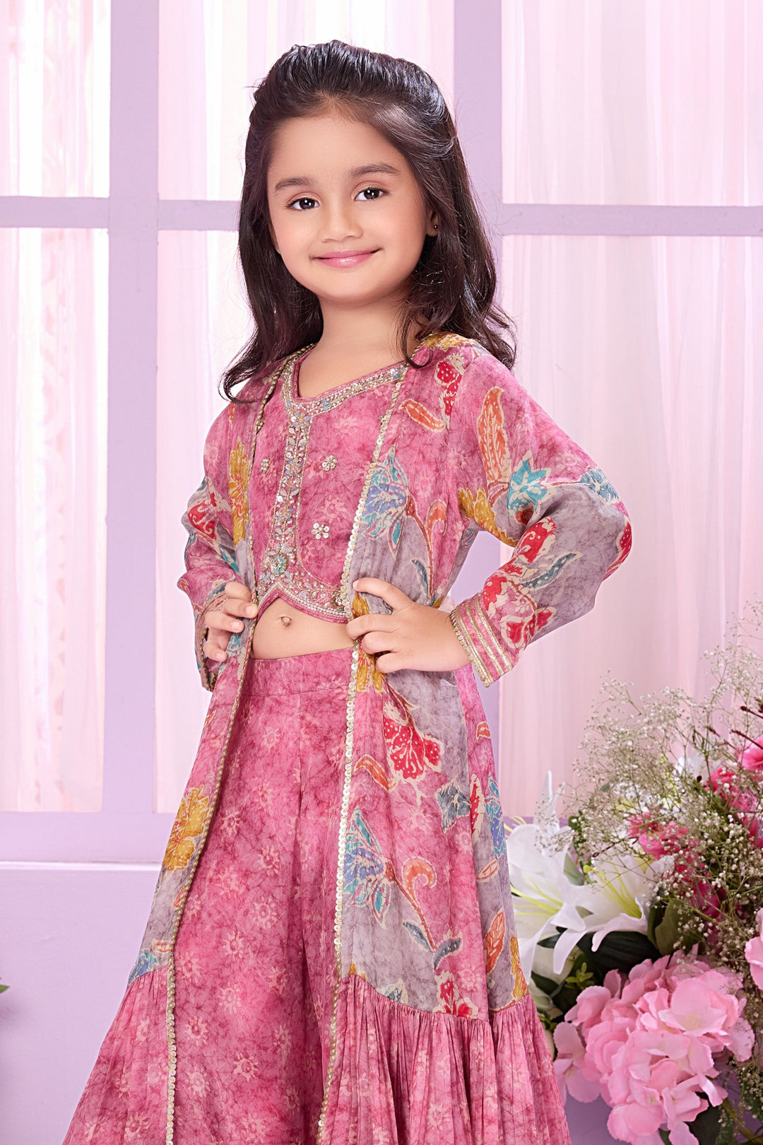 Pink Sequins work with Multicolor Digital Print Overcoat Styled Palazzo Set For Girls