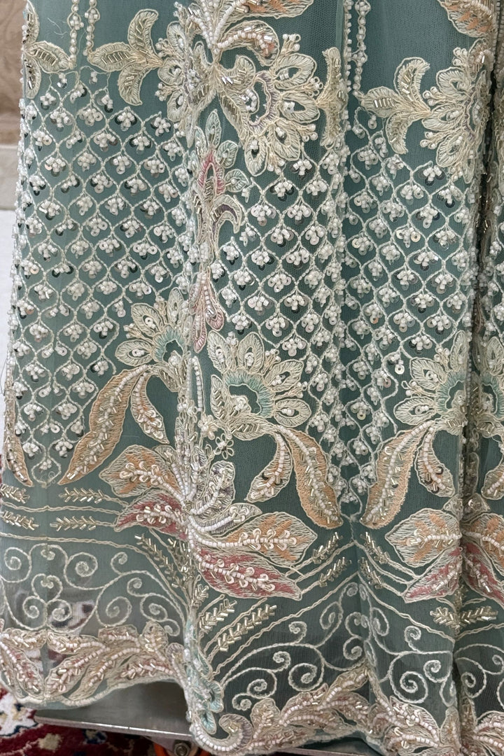 Sea Green Beads, Multicolor Embroidery and Sequins work Palazzo Suit Set