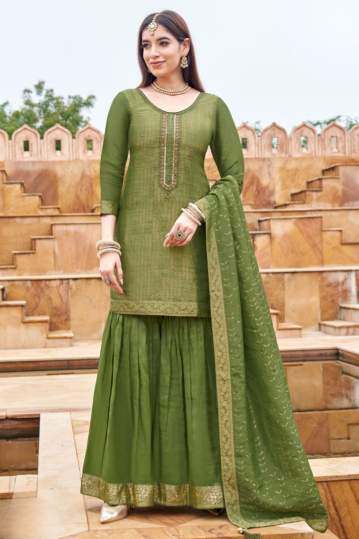 Green Mirror, Stone, Sequins, Zardozi and Brocade work Sharara Salwar Suit