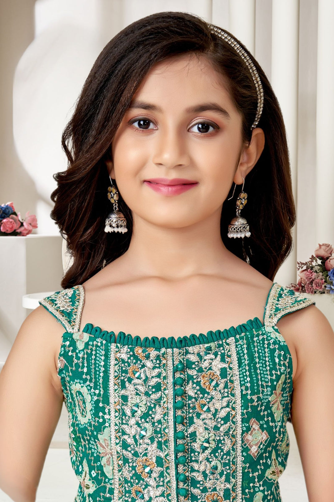 Rama Green Zari, Mirror and Sequins work with Digital Print Palazzo Suit Set for Girls