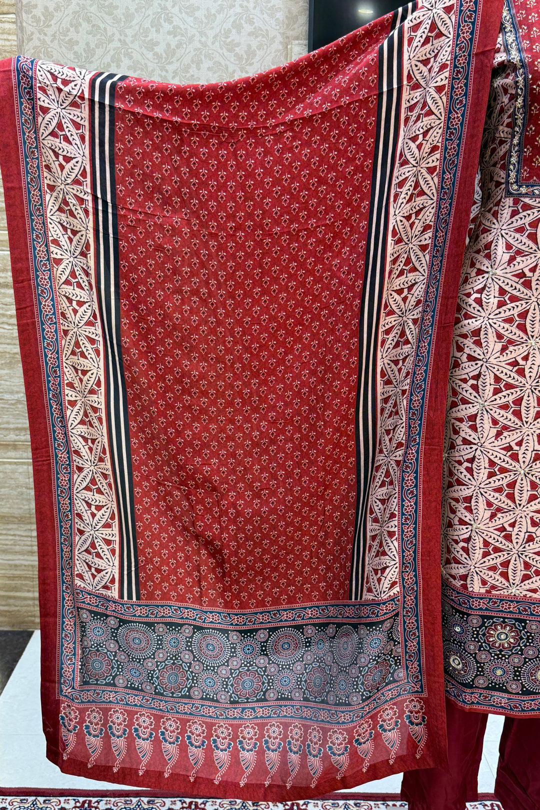 Maroon with Beige Sequins and Beads work with Ajrakh Print Straight Cut Salwar Suit