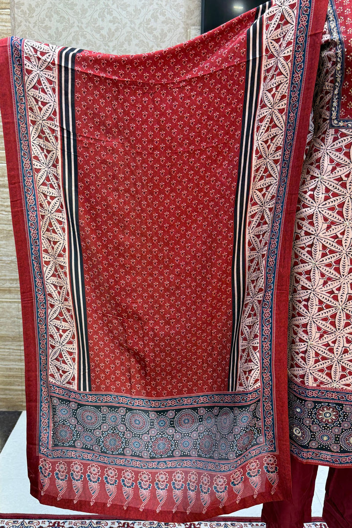 Maroon with Beige Sequins and Beads work with Ajrakh Print Straight Cut Salwar Suit