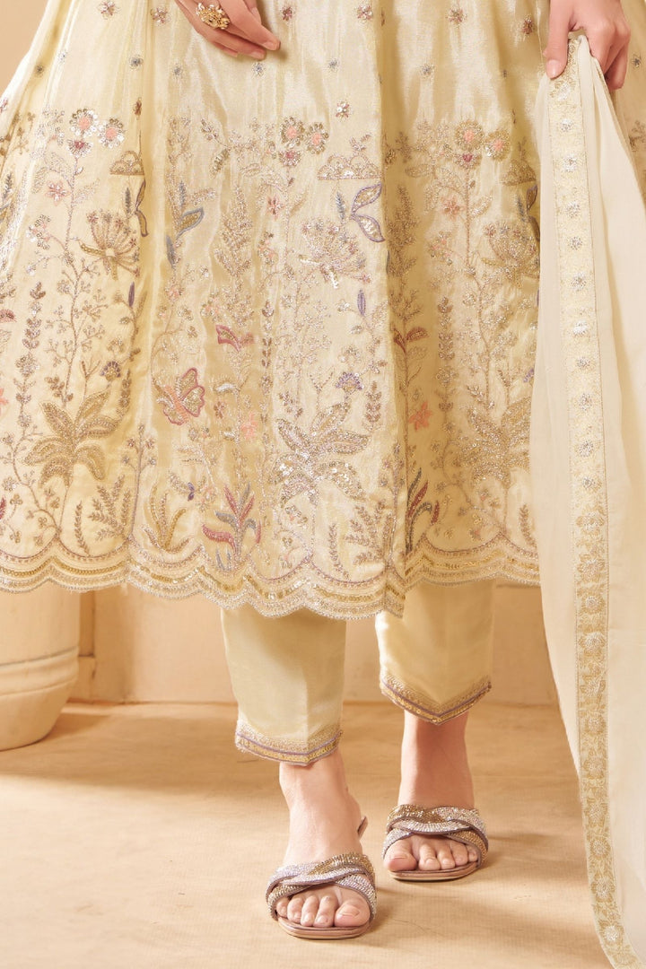 Cream Sequins, Zari, Beads and Multicolor Thread work Anarkali Style Salwar