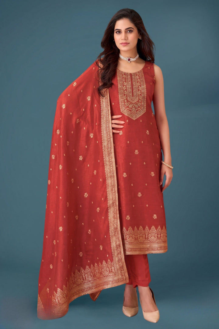 Rust Orange Banaras, Beads, Mirror, Stone and Sequins work Straight Cut Salwar Suit