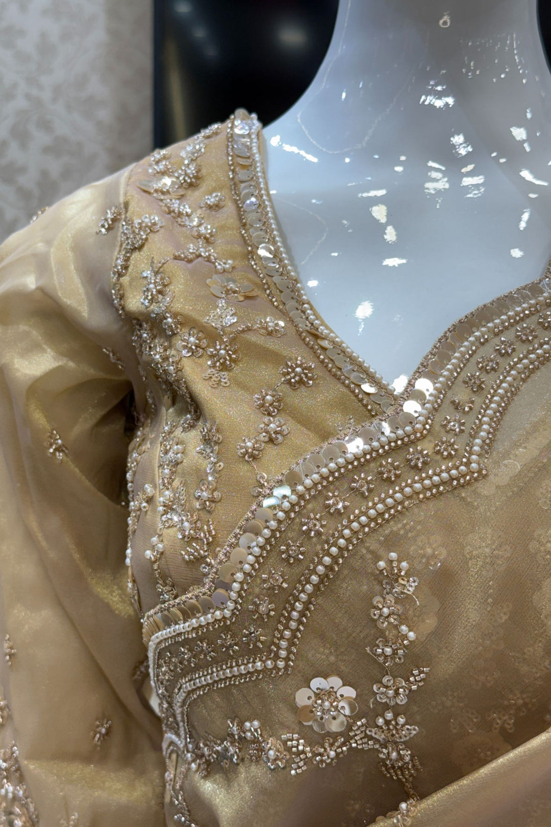 Gold Beads, Sequins, Peral and Zari work Saree